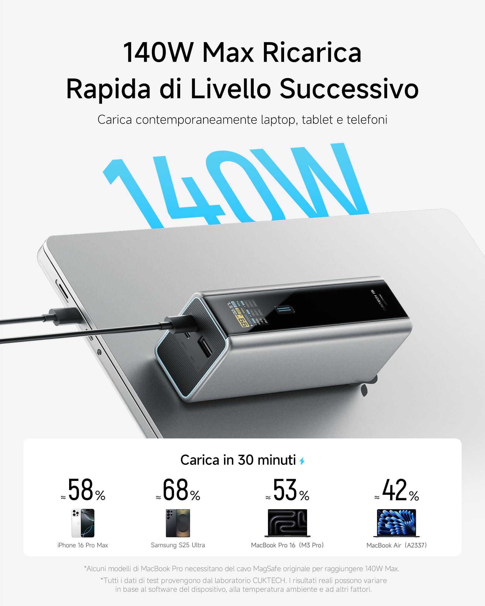 CUKTECH 15 Ultra Power Bank 20000mAh 210W Totale,Caricatore Portatile con 3 porte, Laptop Caricabatterie USB C con TFT Display, Ricarica Rapida per PC portatile,MacBookPro, iPhone 15，GalaxyS23