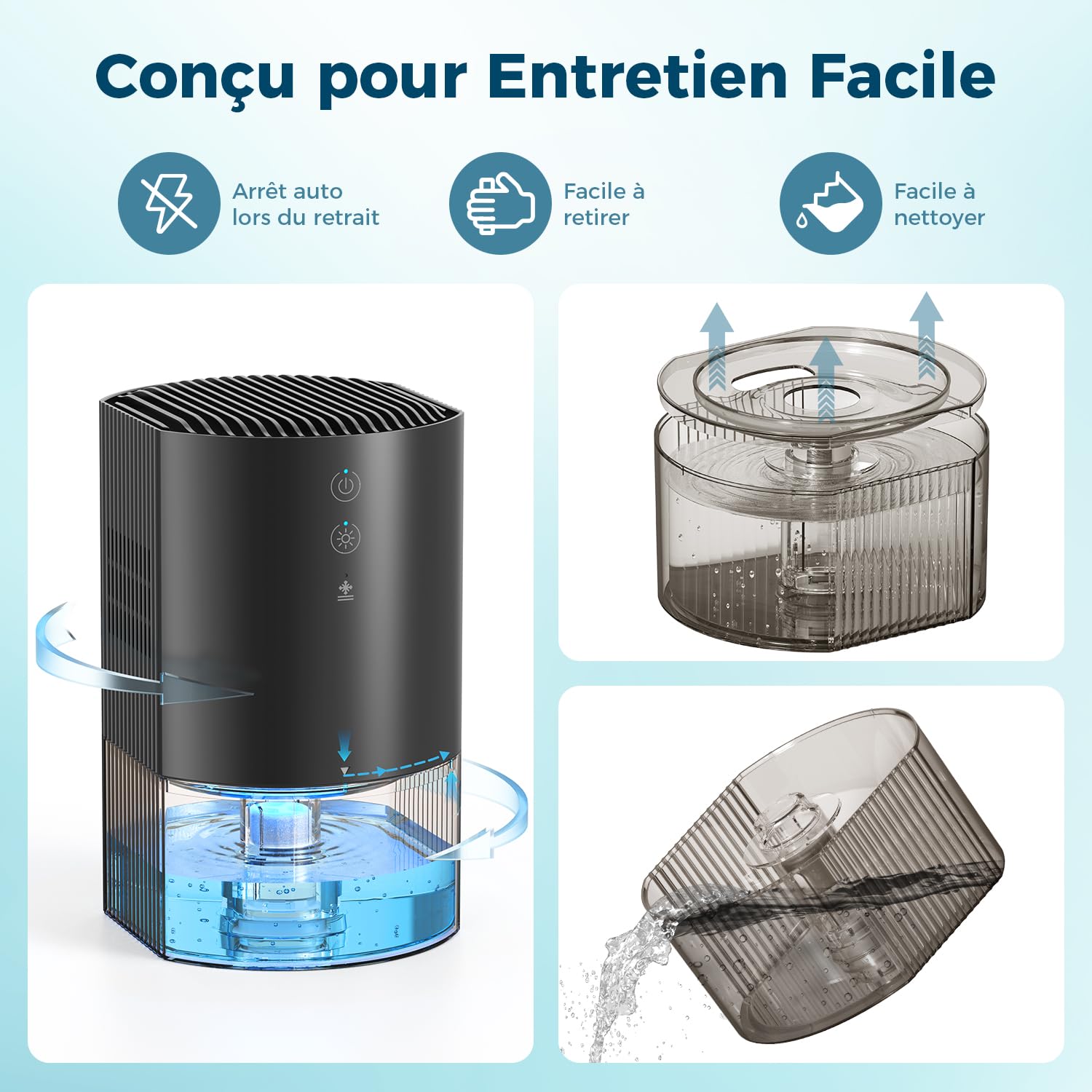AROEVE Deshumidificateur d Air 990ml, Petit Déshumidificateur Électrique Compact et Silencieux pour Chambre à Coucher Avec 7 Couleurs de Lumière, Arrêt Automatique, Protection Contre le Dégivrage