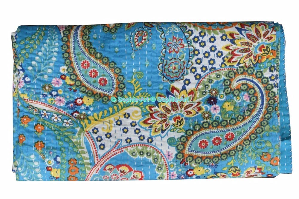 Sophia-Art Kantha Quilt King/Twin - ręcznie robiony indyjski koc z bawełny, wzór kaszmiru, na łóżko lub sofę (turkusowy, King 90 x 108 cali)