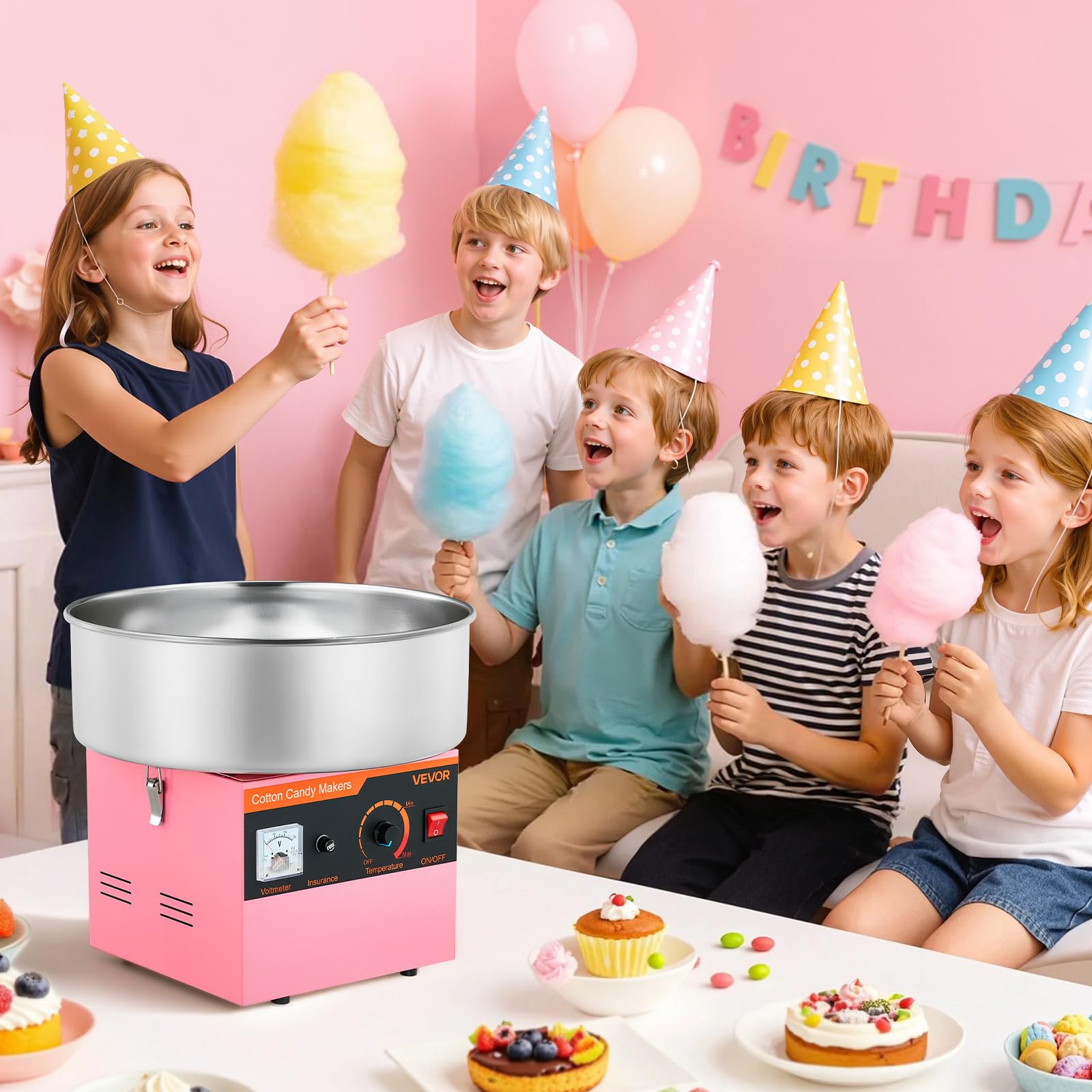 VEVOR Máquina de Algodón de Azúcar Eléctrica 1000 W Capacidad de 100 g de Azúcar 38 x 38 x 34 cm Fácil de Instalar y Desmontar Fácil de Usar con Azucarero y Cuchara para Hogar, Fiestas, Rosa