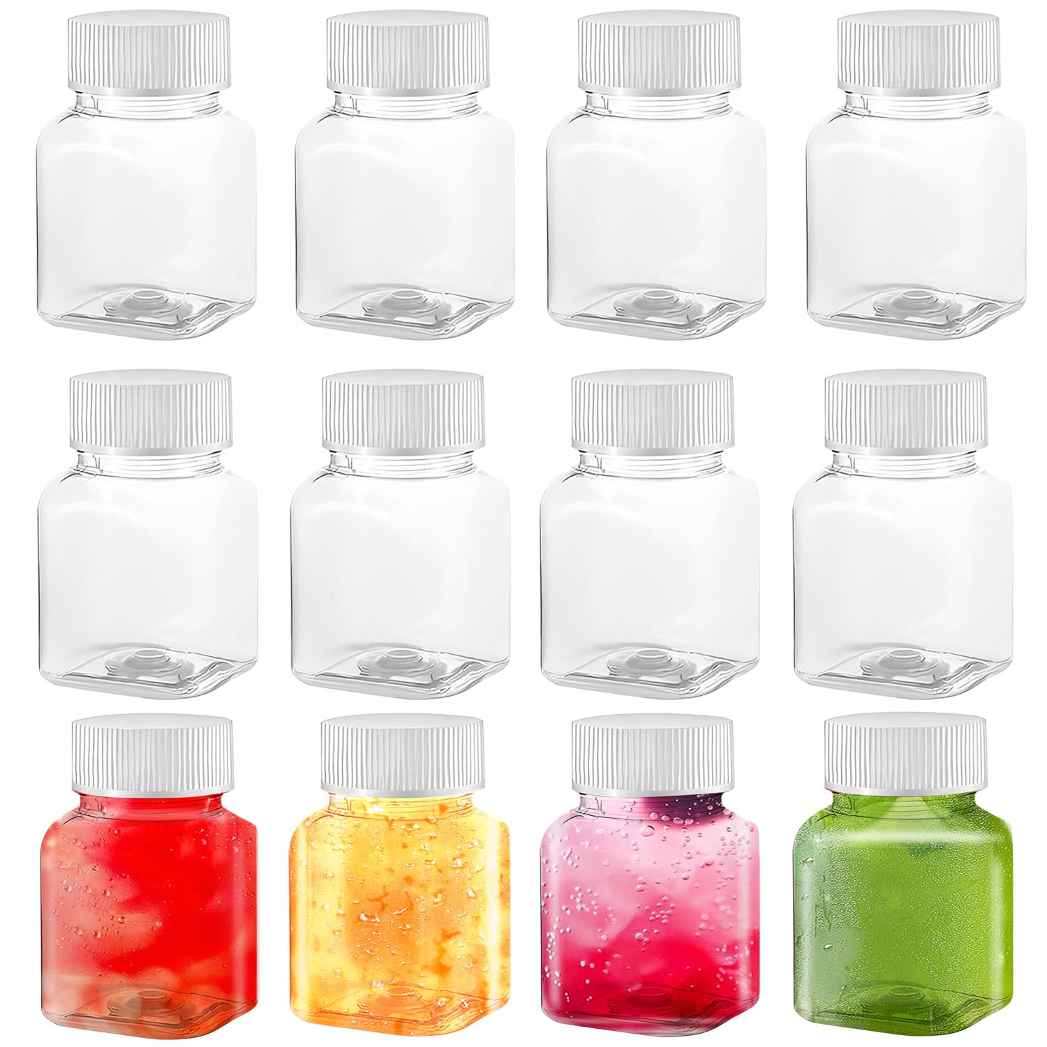 Reyuvidep 12 Pack 50ml Leak-Proof Reusable Plastic Bottles with Lids for Ginger Shots, Juices & Beverages - Portable & Eco-Friendly