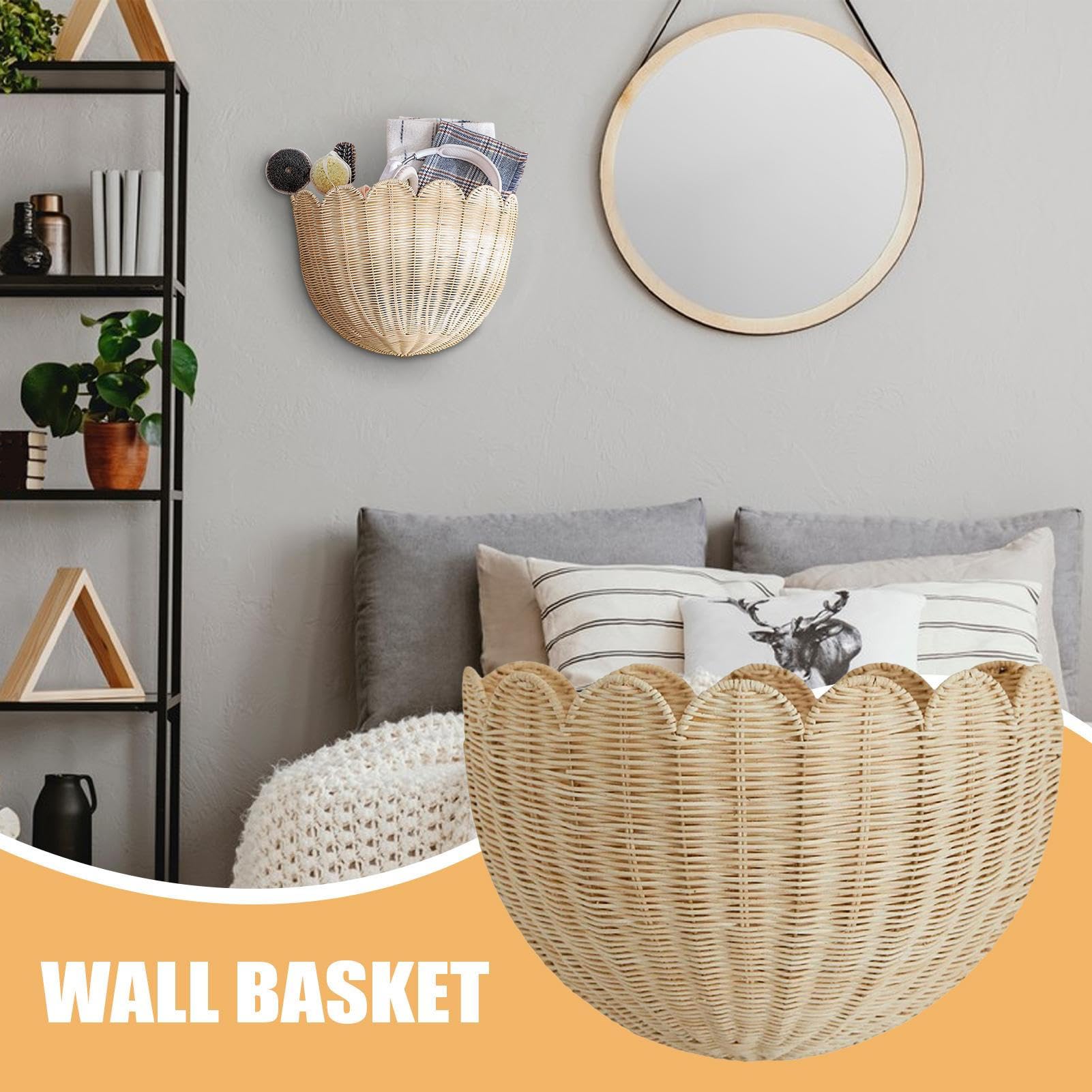 Cesta Colgante Mimbre Organizador Decorativo de Almacenaje Rústico | Cesta Para Plantas para Jardín Casa Rural Cocina Salón Entrada Dormitorio Apartamento Residencia Estudiantil Cuarto de Bebé