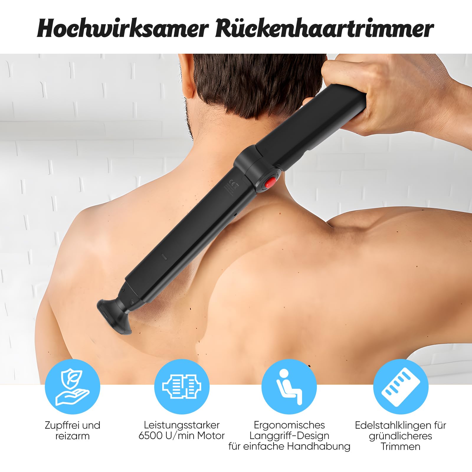 Rückenrasierer für Männer, Herren-Rückenrasierer Körpertrimmer Elektrischer mit 2 Scherköpfe & Armverlängerung, Faltbare Herren Körperrasierer für Rücken-, Gesichts-, Brust- & Schulternpflege