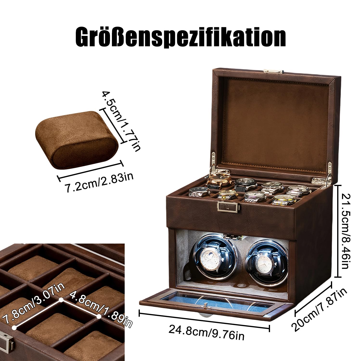 Remontoir automatique pour montres automatiques avec éclairage LED et 8 boîtes de rangement supplémentaires, remontoir automatique avec moteur super silencieux, support de montre réglable