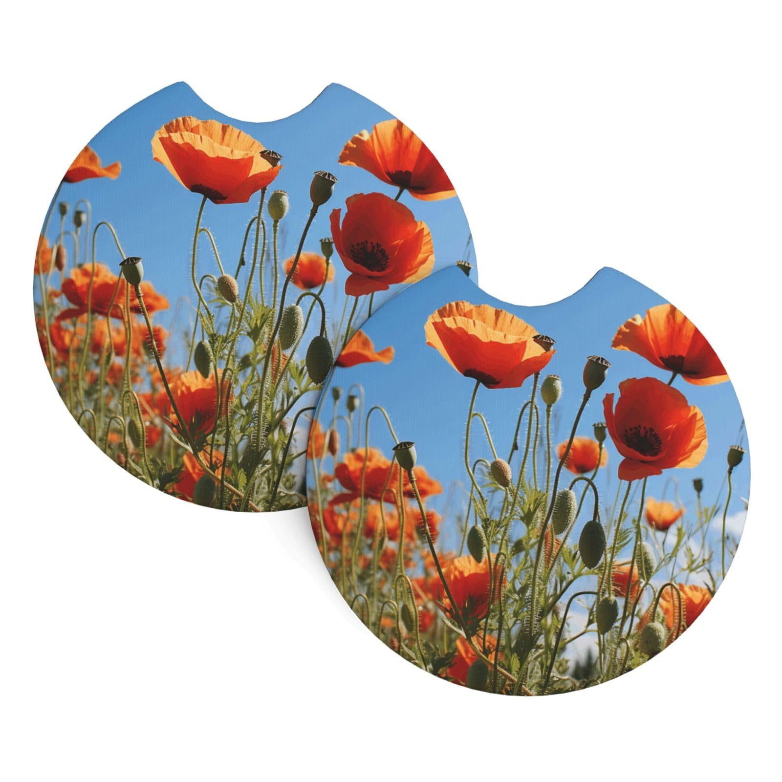 2PCS Car Coaster for Cup Holders Universal Auto Cup Mat Poppies on Blue Sky Cup Coaster Pad 2.7" Waterproof Neoprene Non-Slip Cup Holder Coasters Car Interior Accessories for Women Men