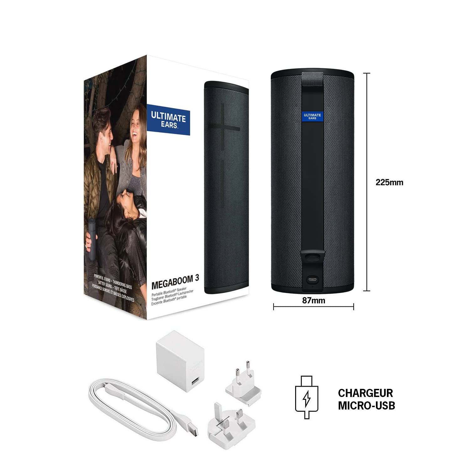 Ultimate Ears Megaboom 3 Enceinte sans Fil Portable Bluetooth, Basses Profondes, Bouton de Contrôle Facile, Etanches, Flottante, Connexion Multiple, Batterie Longue Durée 20h - Noir