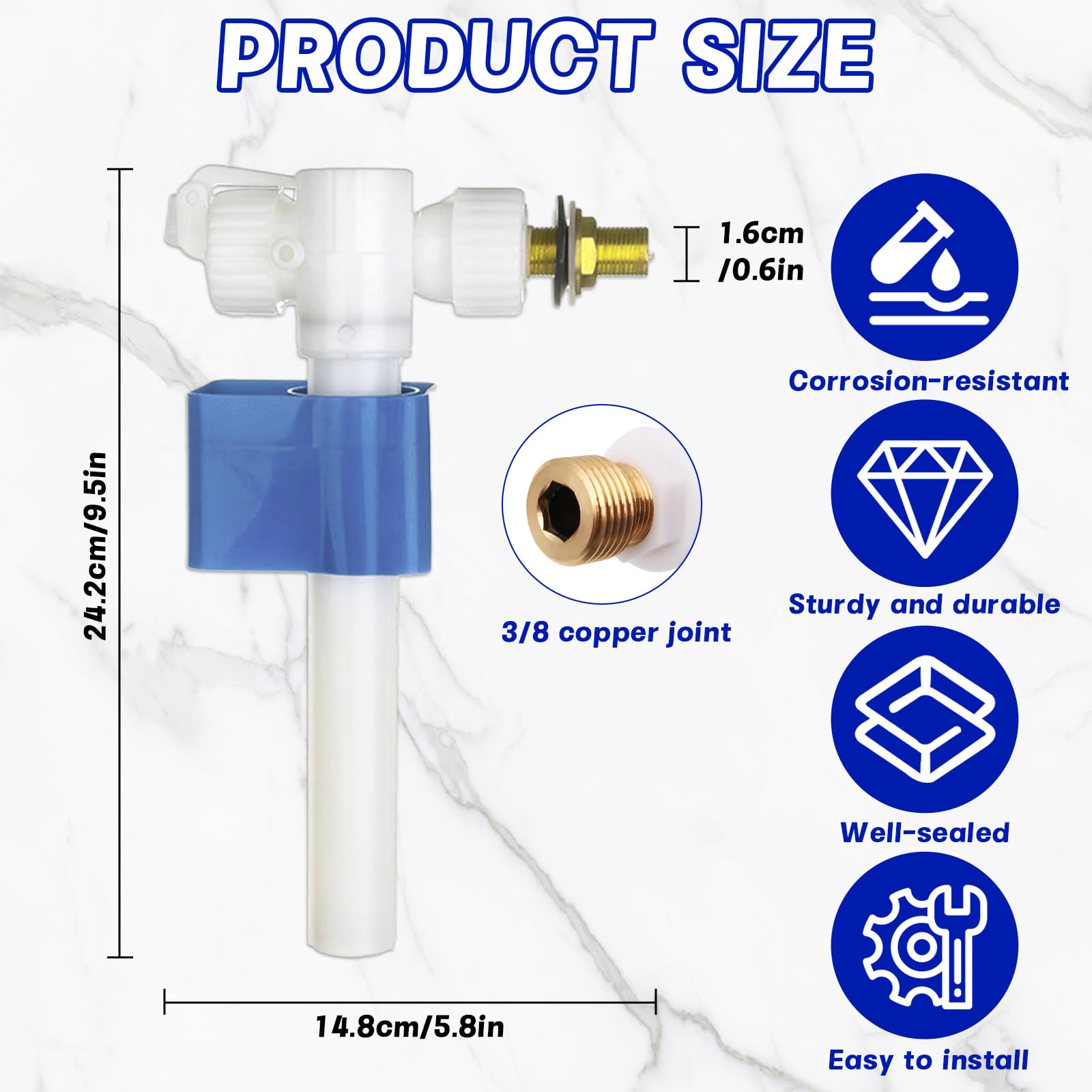 Universal Toilet Fill Valve, Toilet Filling Valve G3/8" and G1/2", Fuel Tank Valve, Adjustable Drain Water Quantity, Effective - Image 2