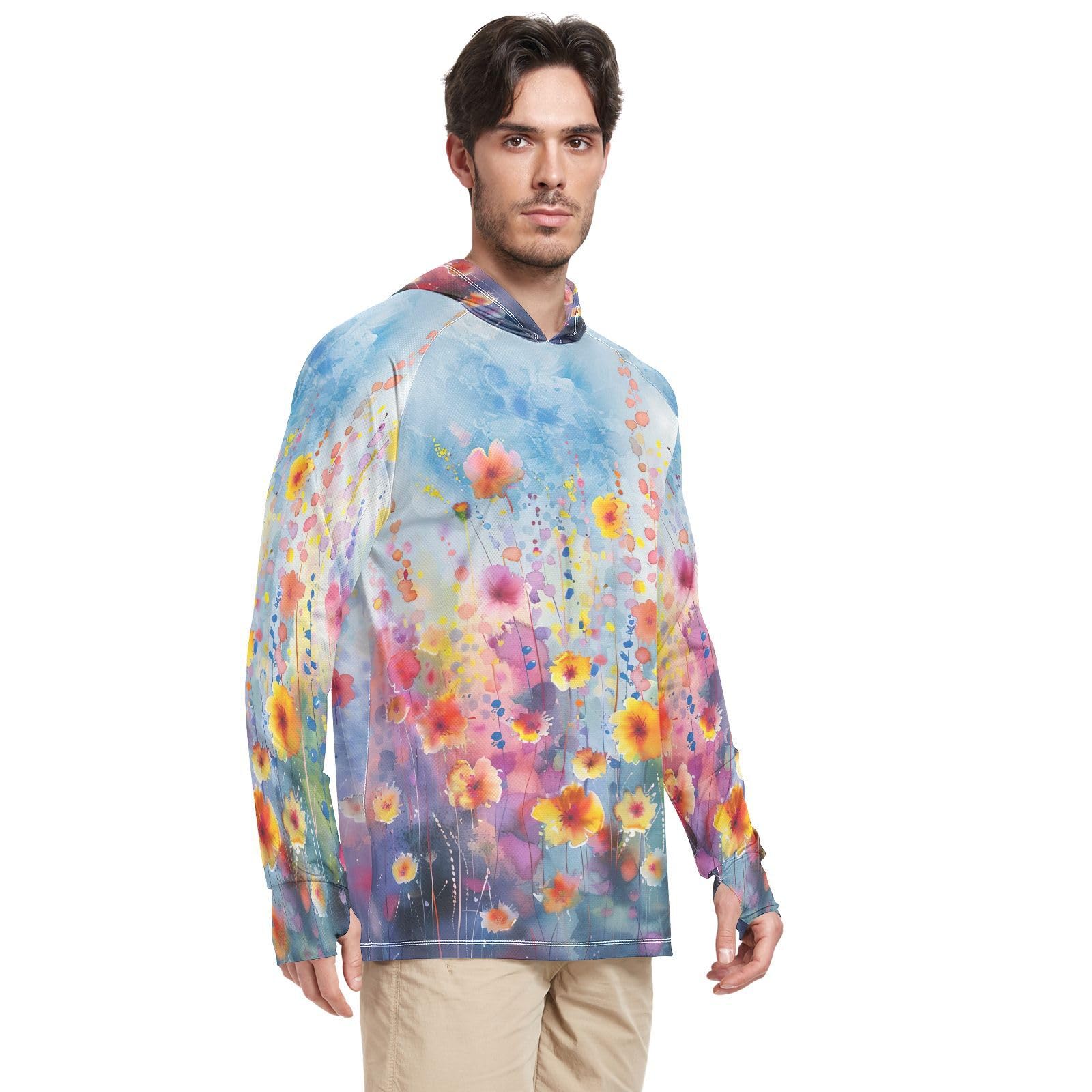 xigua Ink Painting Of Flowers Men's UPF 50+ Sun Shirts Quick Dry Sun Protection Hoodie With Long Sleeve 644