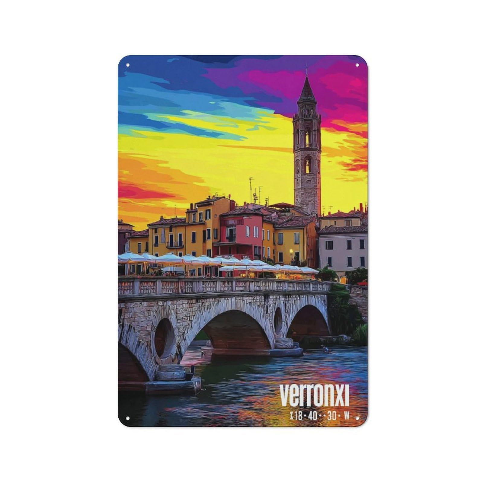 Junmoney Colorful Sunset Over Verona Bridge Tin Sign 30X20cm For Bar Or Restaurant, Retro Wall Decor, For Restaurant Interior Fans
