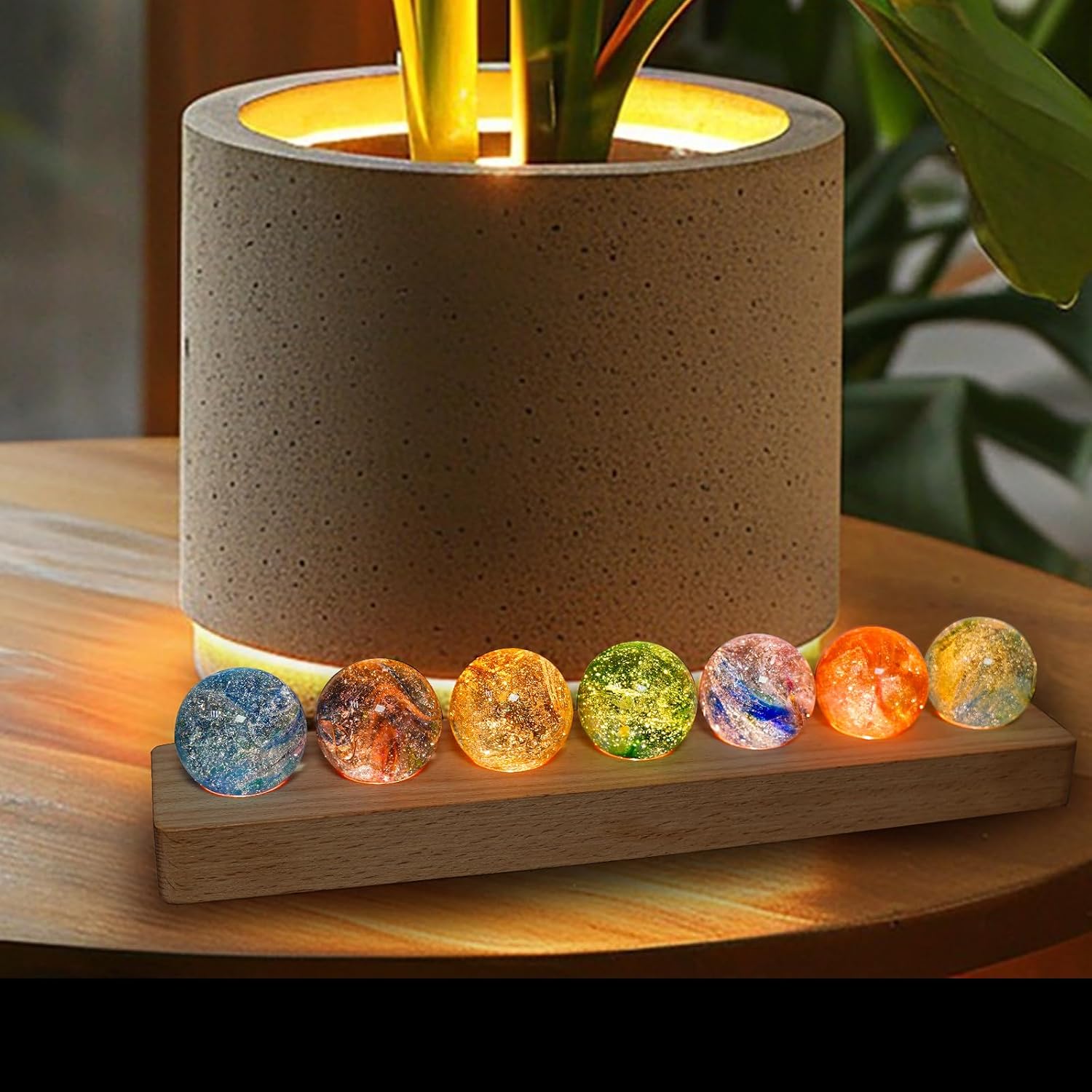 JOJOCY 7 Colors Glass Ball Night Light with LED Wooden Base Rechargeable, 4cm/1.6in Healing Spheres Balls for Meditation & Decor Lights Gift for Friends Boys Girls Teacher (Base & Balls)
