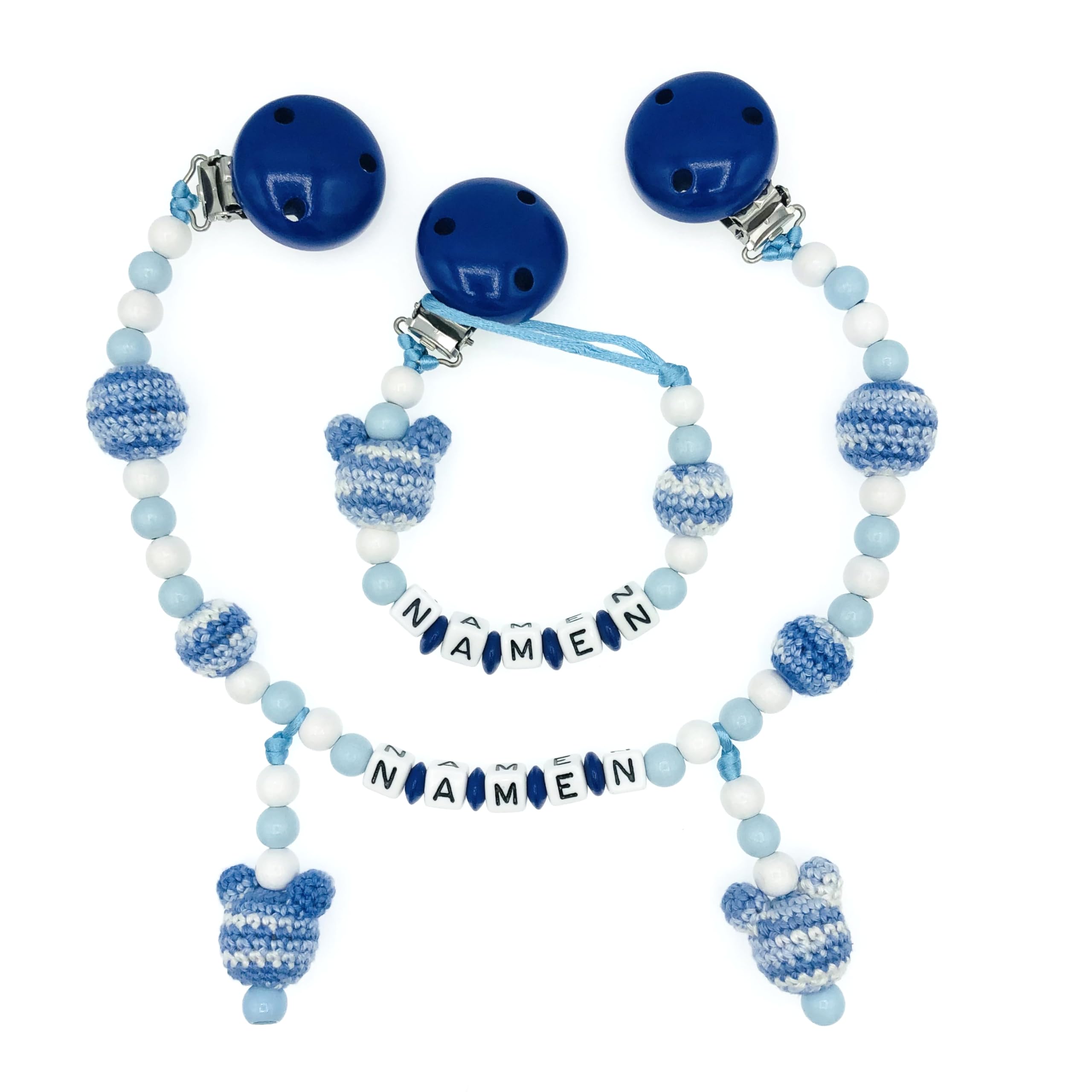 Set Nuckelkette + Kinderwagenkette mit Namen " MAUS " Dunkelblau Babyblau Weiß mehrfarbig/Baby/Unisex/Personalisiert/HANDMADE