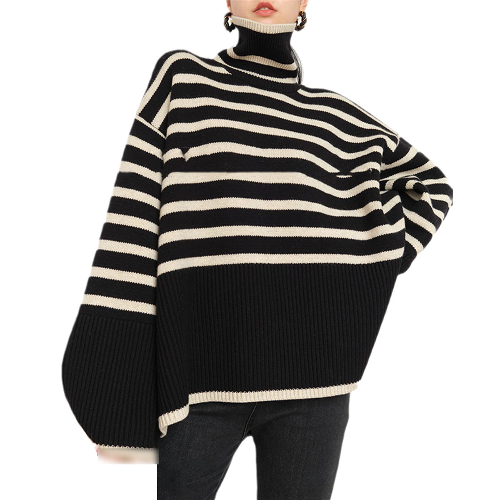 Top de la moda de las señoras de cuello alto a rayas otoño invierno diseño suelto jersey de punto suéter de gran tamaño