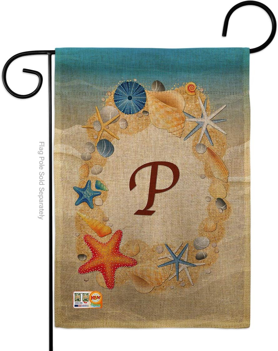 Summer P Initial Burlap Garden Flag Monogram Coastal Beach Tropical Sea Shells Ocean Sand Outdoor Coral Small Decorative Gift Yard House Banner Double-Sided Made In USA 13 X 18.5