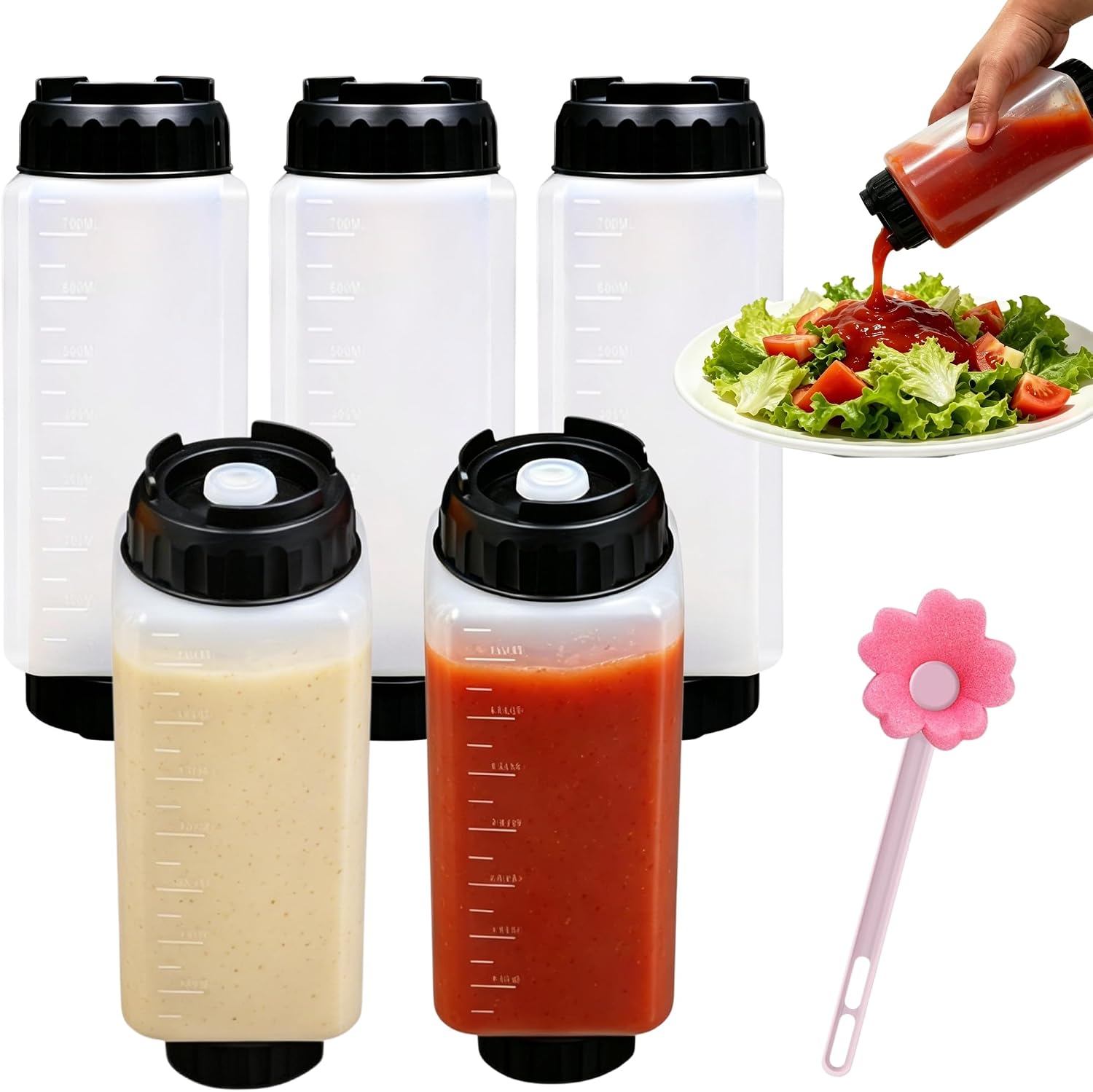 5 Pack FIFO Squeeze Bottles 24oz, Food Grade Plastic Square Sauce Bottles with Scale, First In First Out Design Condiment Dispensers for Sauces, Dressings, Includes Bonus Cleaning Brush