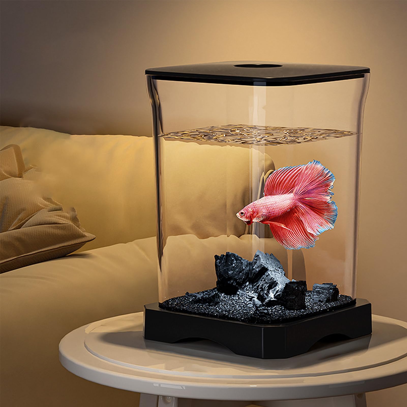 Acrylic Betta Fish Tank | Desktop Rettangolare Aquarium with Top Feeding Hole | Mini Eco Habitat with Ambient Light | Creative Starter Kit for Bettas
