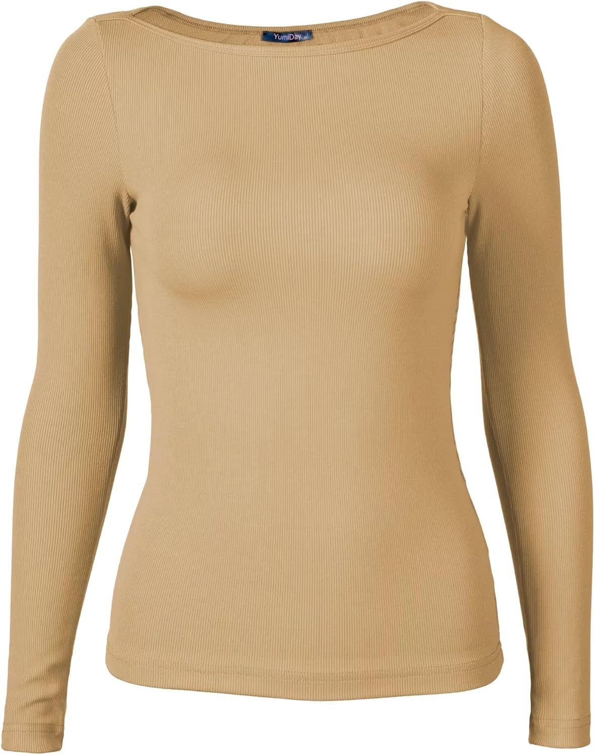 Womens Boat Neck Tops Long Sleeve, Basic Tee Shirt Ribbed Slim Fitted Casual Office T-Shirt - Image 3