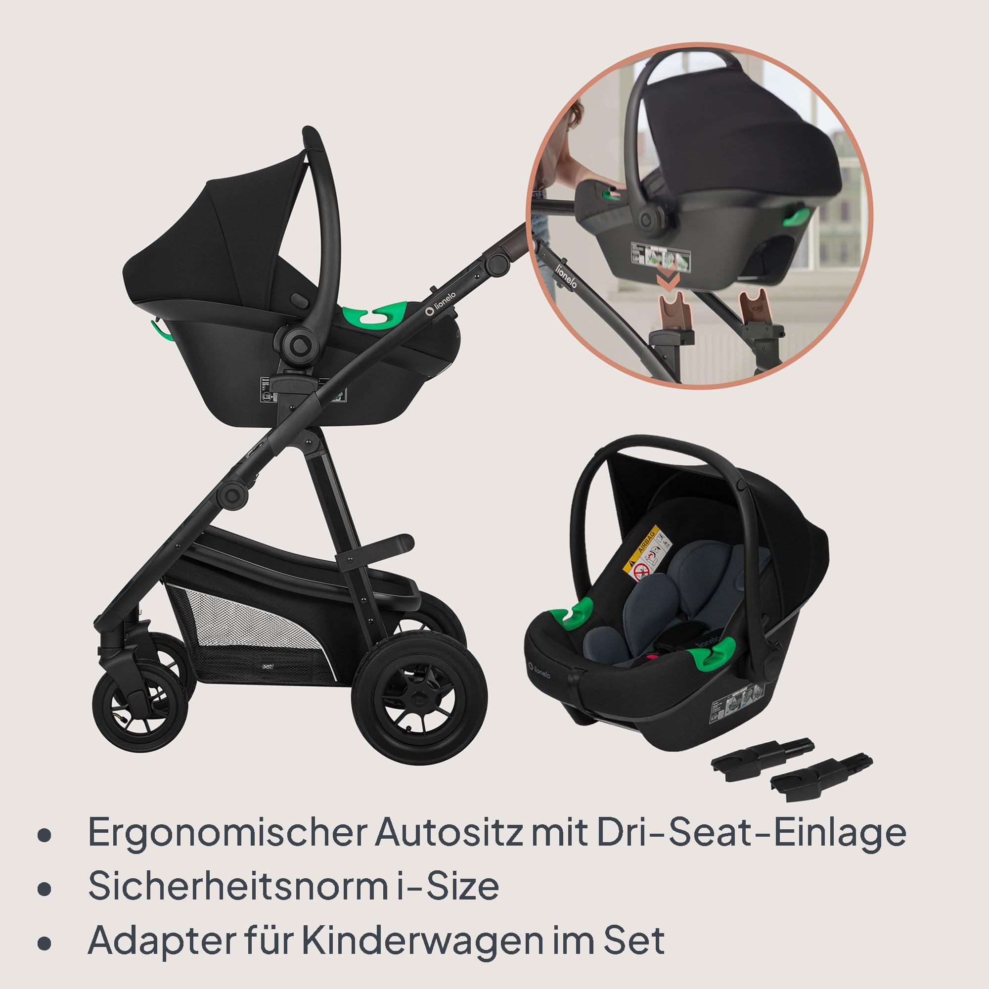 LIONELO BIANKA Kinderwagen 3 in 1 bis 22 kg, Babywanne, Autositz