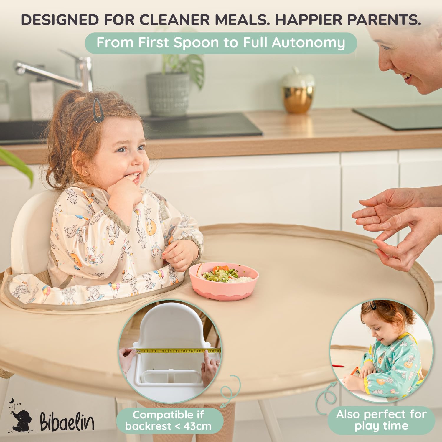 BibaTray L - Kit de comida para bebé (DME) con babero impermeable + bandeja flexible patentada y estabilizadora | Compatible con sillas altas | Sin BPA, diseño francés, fácil limpieza | 6