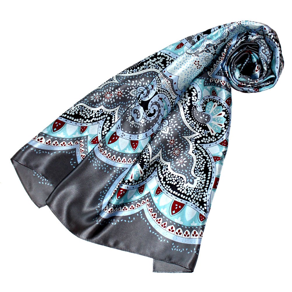 LORENZO CANA Foulard pour la femme – écharpe de 100% soie pour le printemps et l´été, carré avec les mesures de 90 x 90 cm – en bleu ciel turquoise gris argente rouge