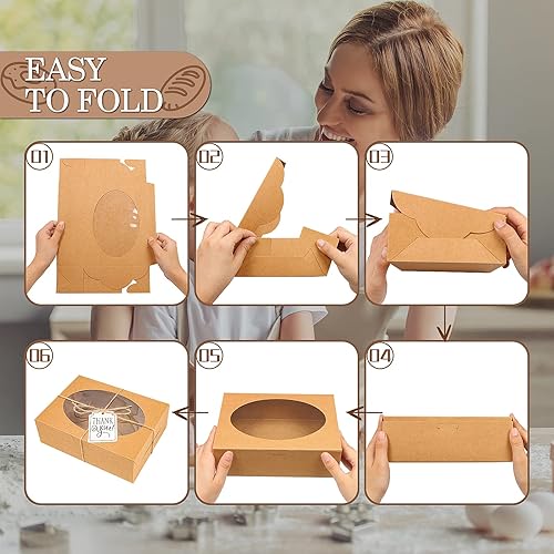 Miniatura 4 de KPOSIYA 65 cajas de galletas de 8 x 6 x 2.5 pulgadas con ventana, cajas de pastelería marrones para regalo, golosinas, postres, cupcakes, chocolate,