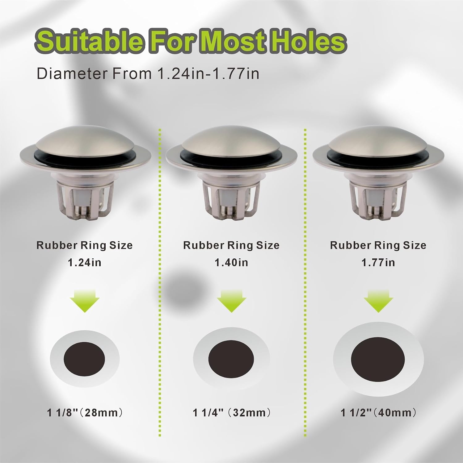 Pop Up Sink Drain Stopper Hair Catcher - Brushed Nickel 1 Pack | Satin nickel strainer replacement, Fits 1-1/8 & 1-1/2 drains, Anti clog hair catcher, Quick pop up seal, Push button gaskets.