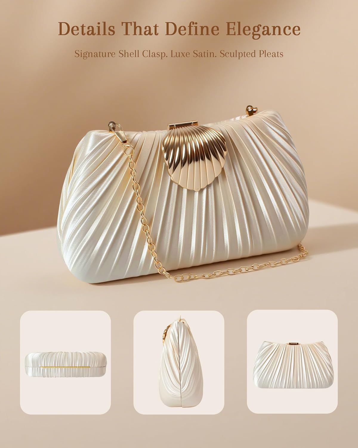 Gold Satin Clutch Evening Bag for Women – Elegant Pleated Wedding Party Purse with Chain Strap,Formal Handbag - Image 6