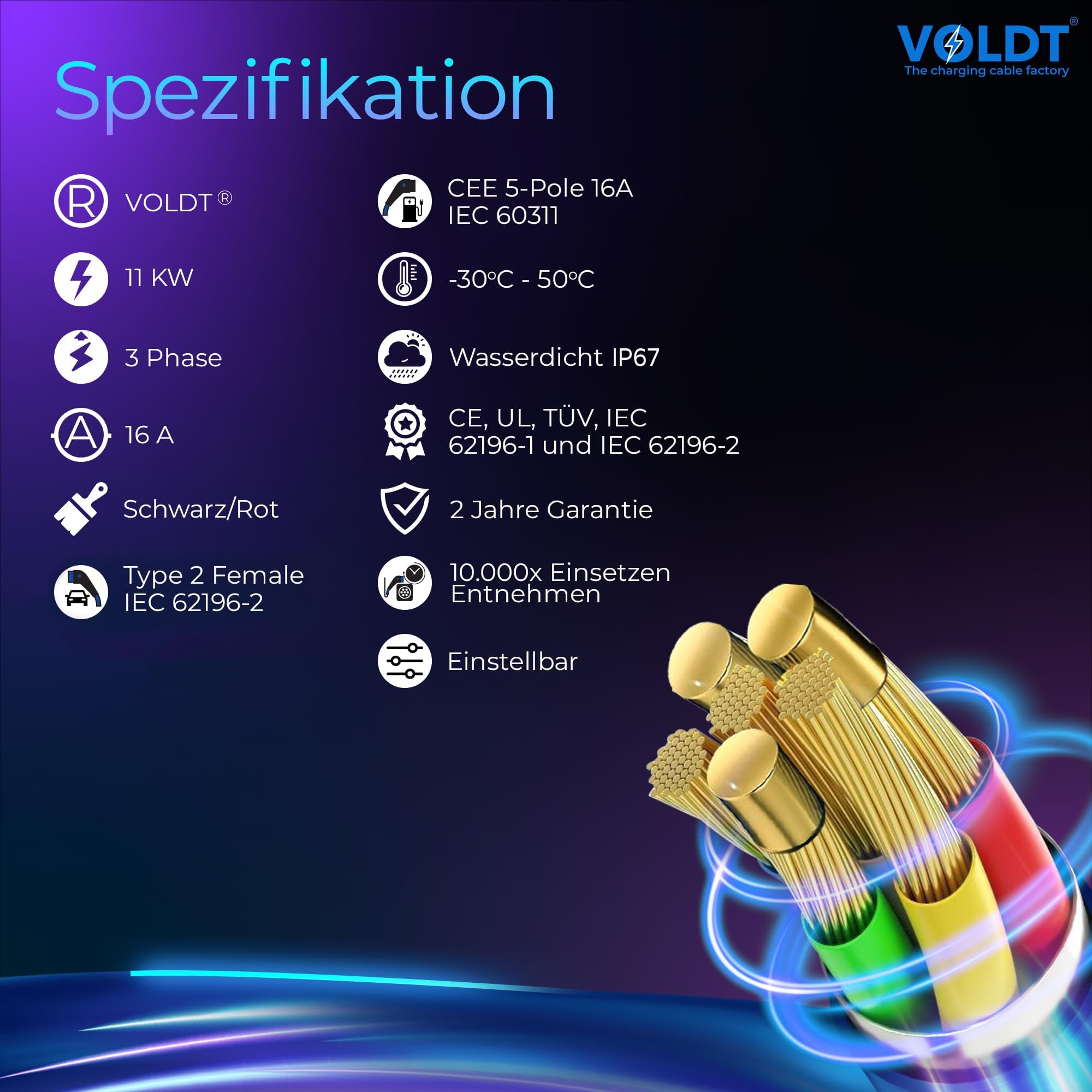 Voldt - Adaptador tipo 2 (terminal de carga) a enchufe Schuko tipo F 230V, 3,7kW, 8-16A, impermeable IP67, certificado CE/UKCA/TÜV (5 longitud)