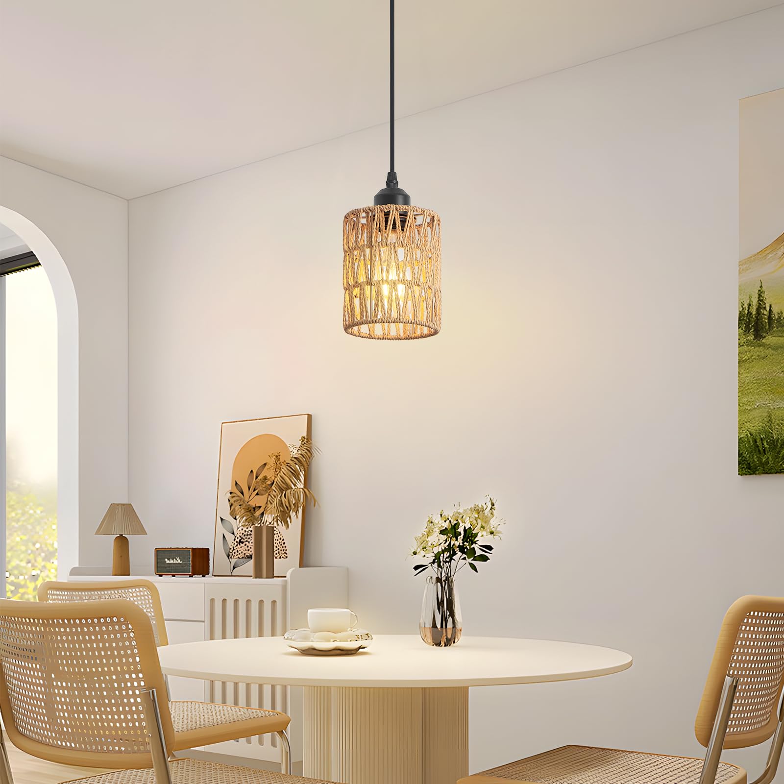 Lámpara colgante de ratán para isla de cocina, lámpara bohemia de granja, lámpara colgante de altura ajustable para comedor, lámparas de techo de cocina pequeñas con pantalla de mimbre tejida a 7