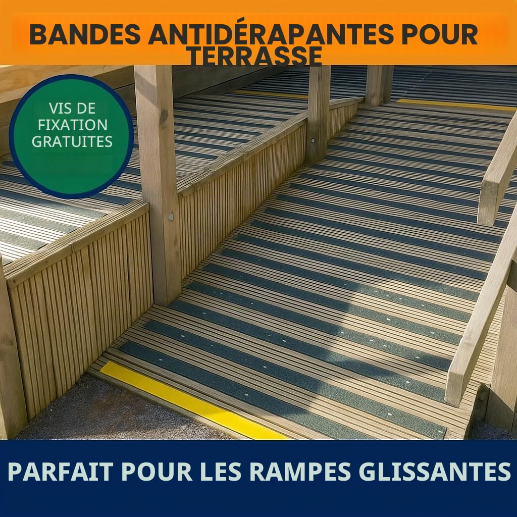 Bandes antidérapantes en PRV pour terrasses - Lot de 5 (50 mm x 400 mm) | Marches de sécurité antidérapantes pour terrasses en bois | Bandes antidérapantes pour sols extérieurs (noires)