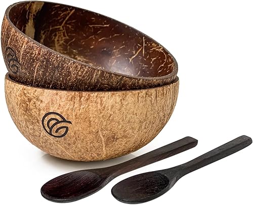 purpleclay Juego de 2 cuencos de coco y cucharas de madera, naturales, hechos a mano, aptos para veganos, ensalada, batido o Buda y utensilios
