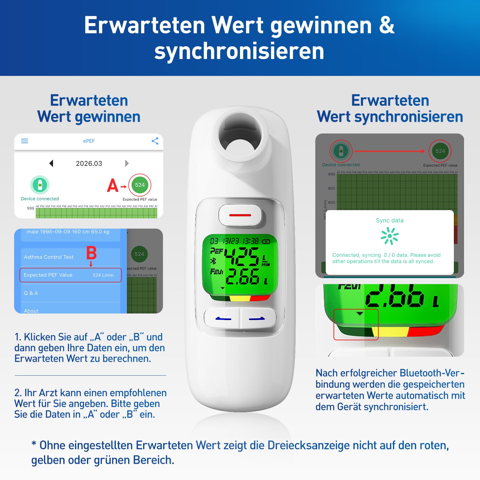 Peak Flow Meter mit Bluetooth, APP Analyse, PEF FEV1 mssen, Wiederaufladbar | 300 histotische Daten, 2 Mundstücke, Rot gelb grün Risikoindikator, für Asthma COPD, Tragbar, die Lungenfunktion üwachen