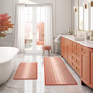 Bathroom Rugs and Mats Sets, 2 Piece Thick Absorbent Chenille Bath Mat Rug Set Non Slip, Soft Shaggy Bath Room Floor Mats for Bathroom, Machine Washable (Sunset Orange, 20" x 47" Plus 16" x 24")