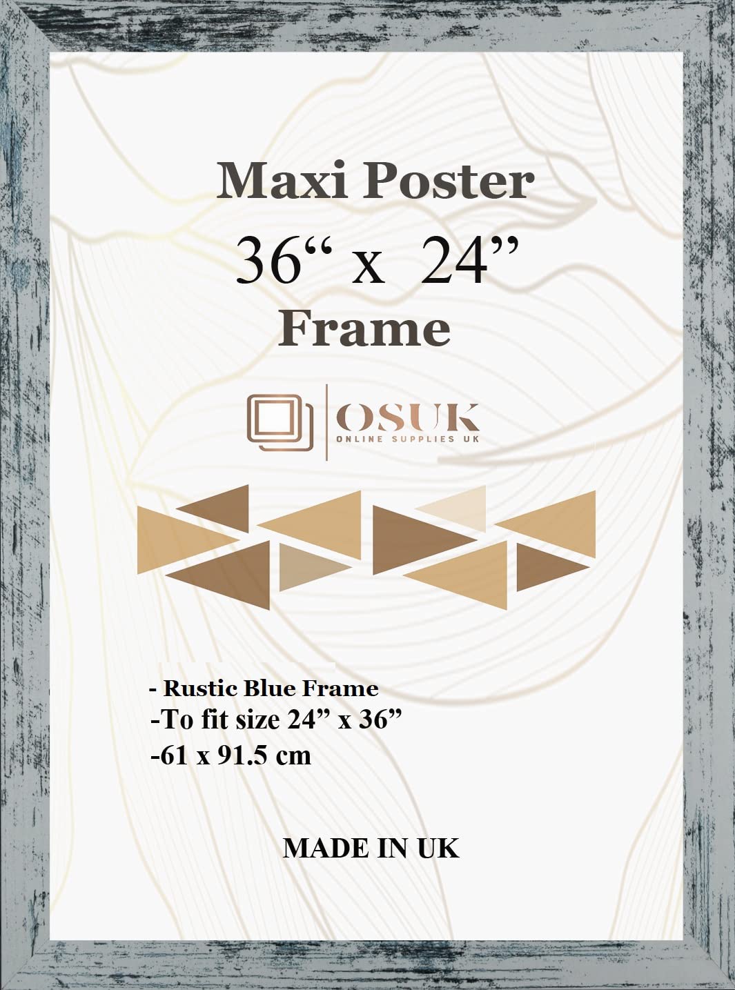 OSUK Rustic Blue Maxi Poster Frame 61 x 91.5cm - Large Photo Frame 36 x 24 Inch - 91.5 x 61cm Poster Frames With Clear Perspex Front & Wall Mounting Hooks - Rustic Blue 24" x 36" Picture Frame