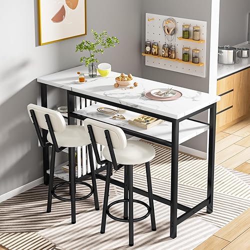 Miniatura 2 de Lamerge Muebles Mesa de altura de barra de cocina y sillas para 2, mesa de comedor compacta de 5 niveles, parte superior de mármol sintético blanco