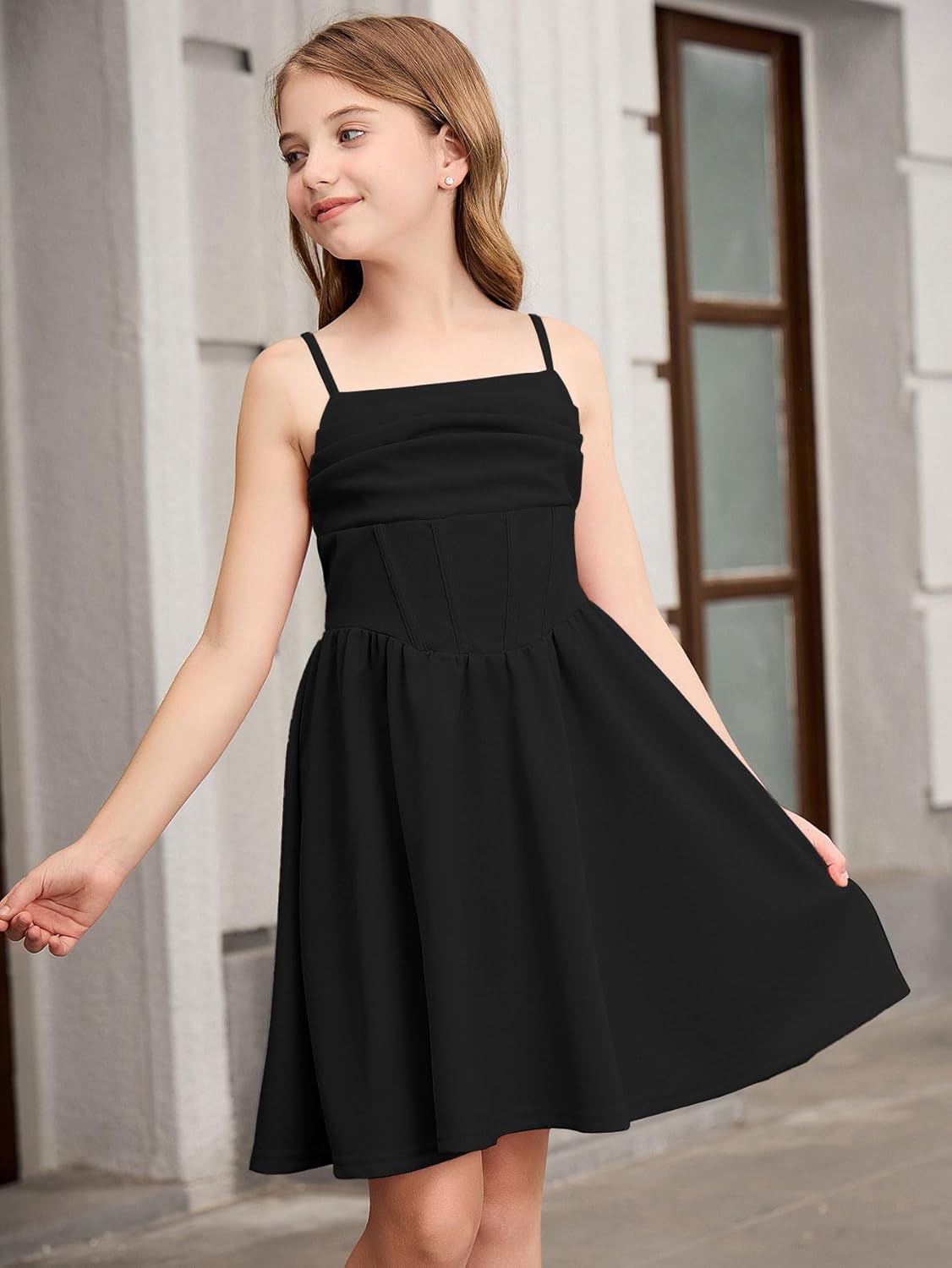 OYOANGLE Girl's Spaghetti Strap Ruched Ruffle Hem Sleeveless Summer Flowy Short Dresses - Image 4