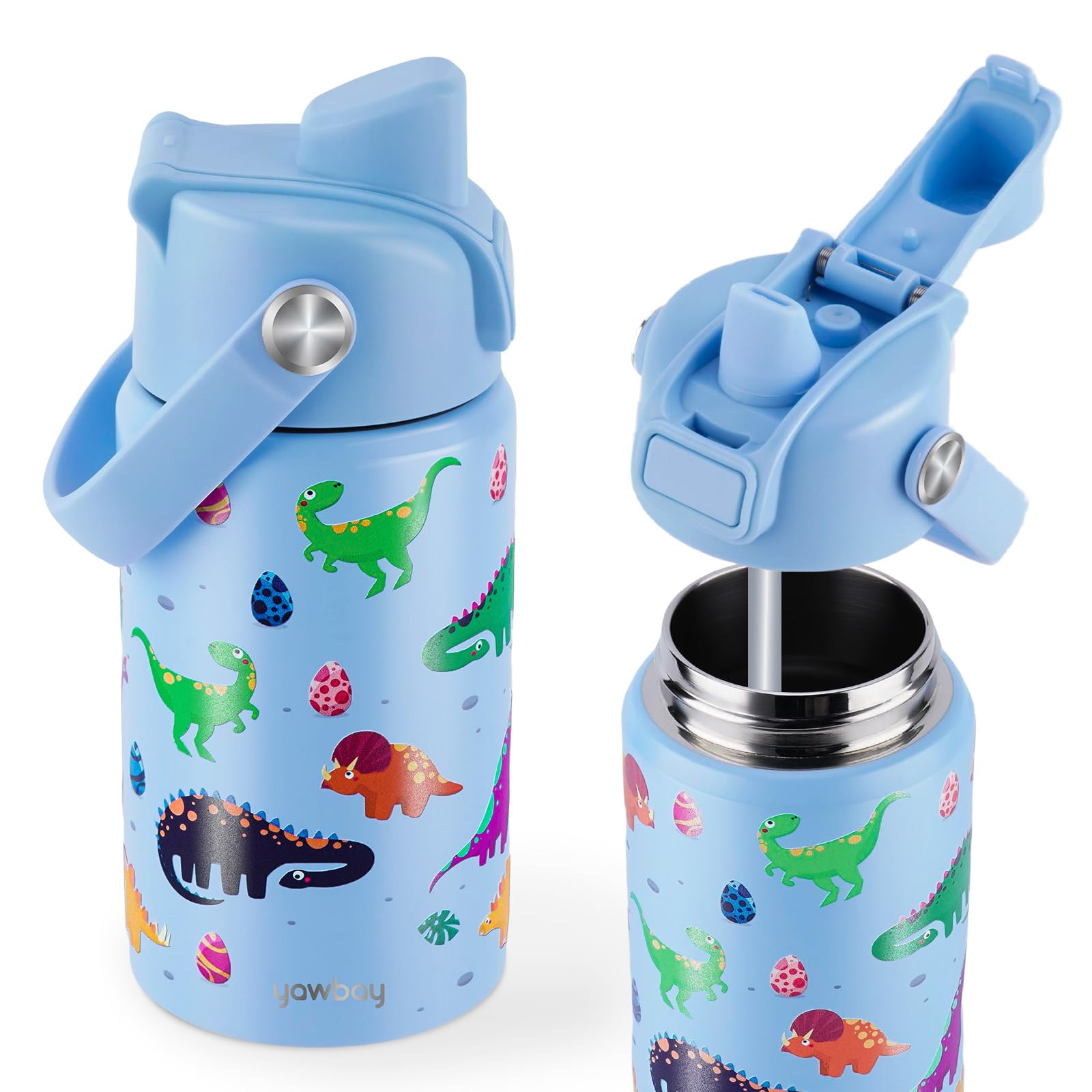 Kids Water Bottle for School 12 oz,Stainless Steel Insulated Water Bottles,Dinosaur Water Bottle for Toddler Boys Girls with Pop-Up Straw-Cap(Dino)