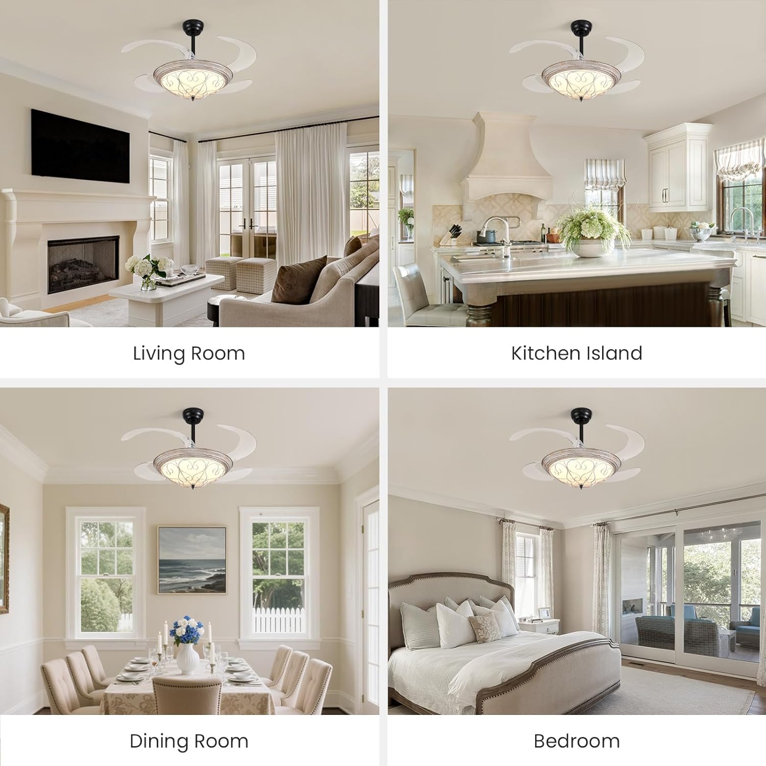 Retractable White Ceiling Fan with Lights & Remote, 48'' Farmhouse Fandelier, Dimmable LED 6 Speed, 3 Color, Reversible Motor, hidden fan chandelier for Bedroom Living Room Dinning Room