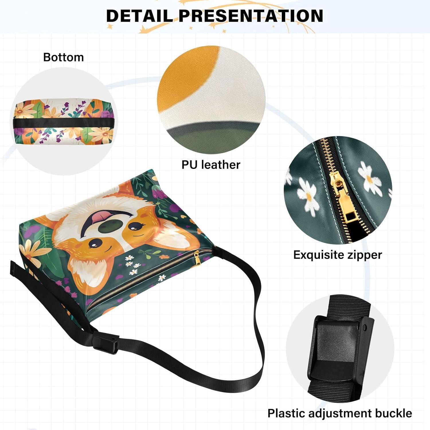 Corgi Flowers Green Hobo Shoulder Bag for Women Men PU Leather Crossbody Bag Slouchy Tote Handbags for Shopping Traveling Working