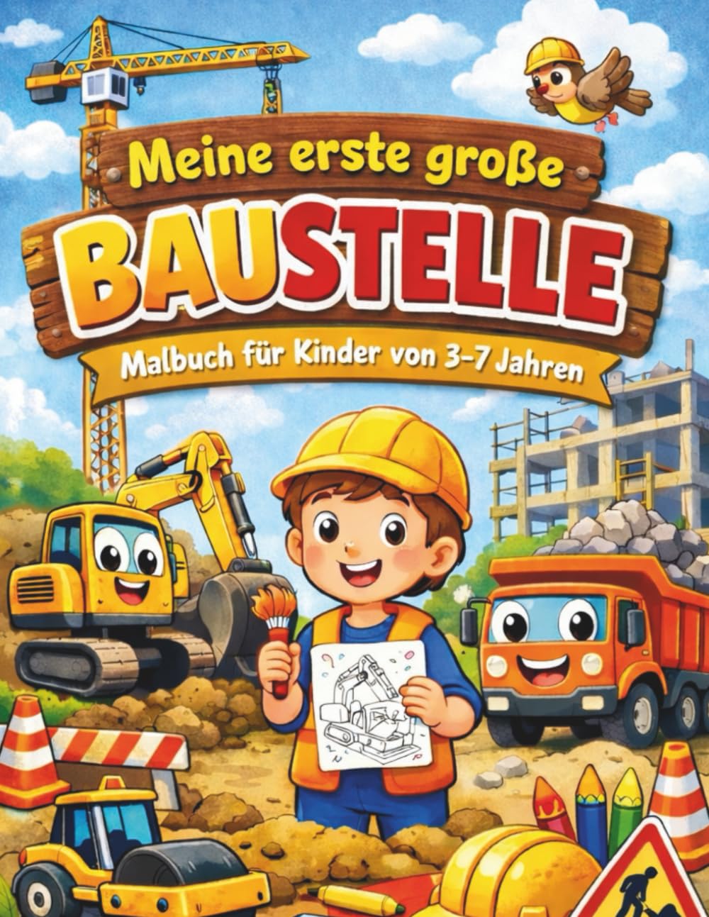 Meine erste große Baustelle: Großes Ausmal- und Mitmachbuch rund um die Baustelle – mit vielen Fahrzeugen, Szenen und Erlebnisseiten für Kinder von 3–7 Jahren