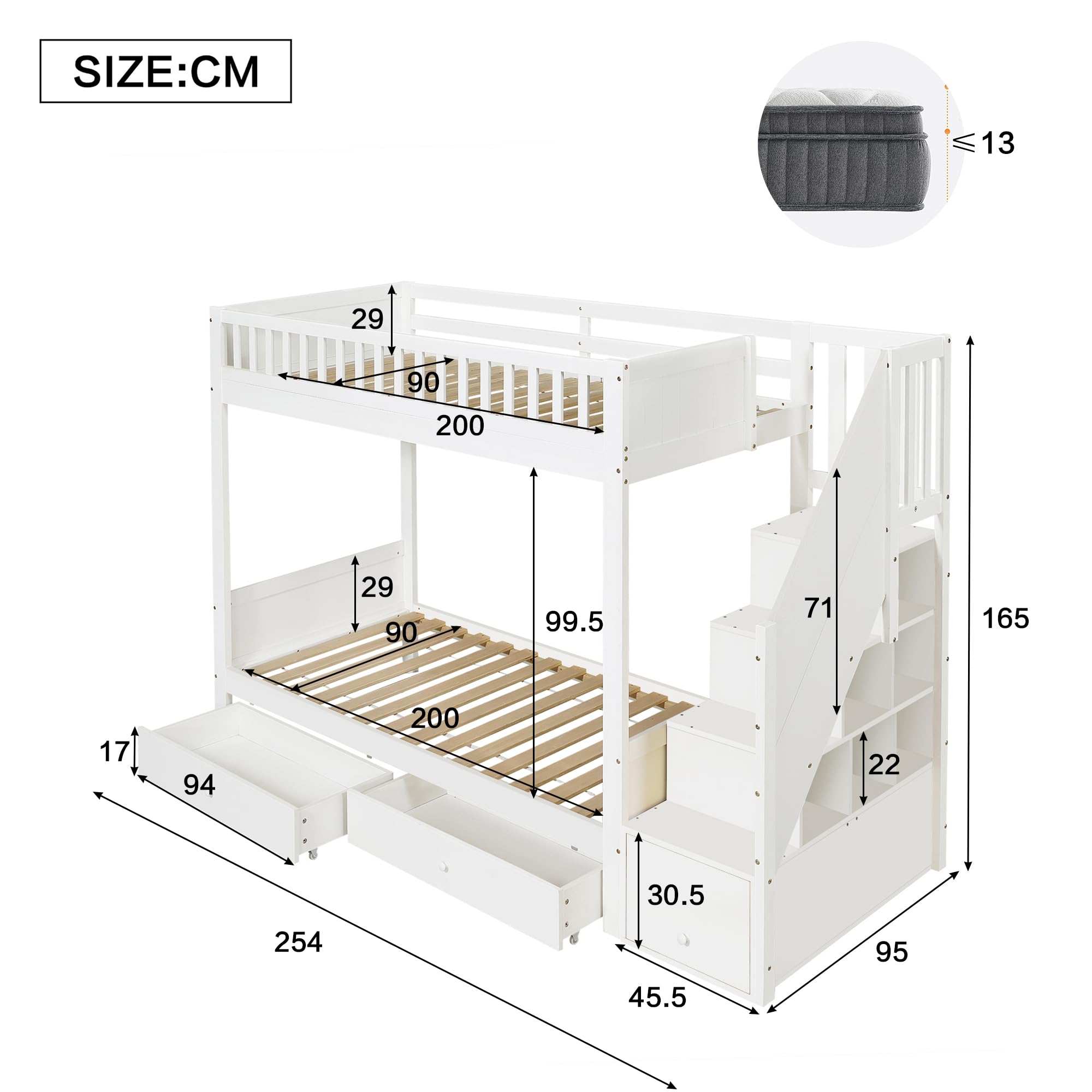 Litera blanca para niños, 90 x 200 cm, de madera, con escalera de almacenamiento, 2 cajoneras, protección contra caídas, cama alta para habitación infantil, sin colchón
