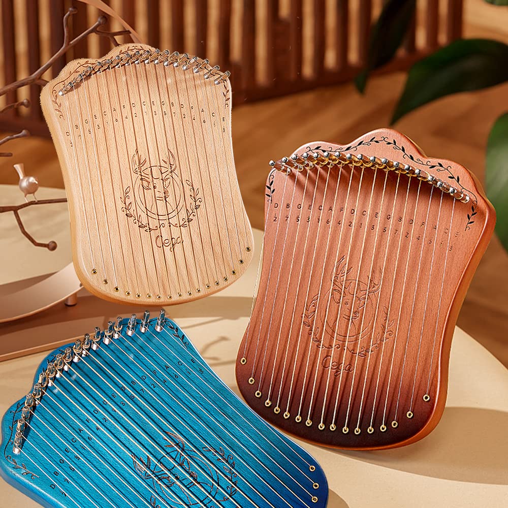 HUIOP Lira Arpa 17 Corde Portatile in Legno Massello di Faggio - Strumento Musicale Con Chiave di Accordatura e Plettri per Principianti, Bambini e Adulti