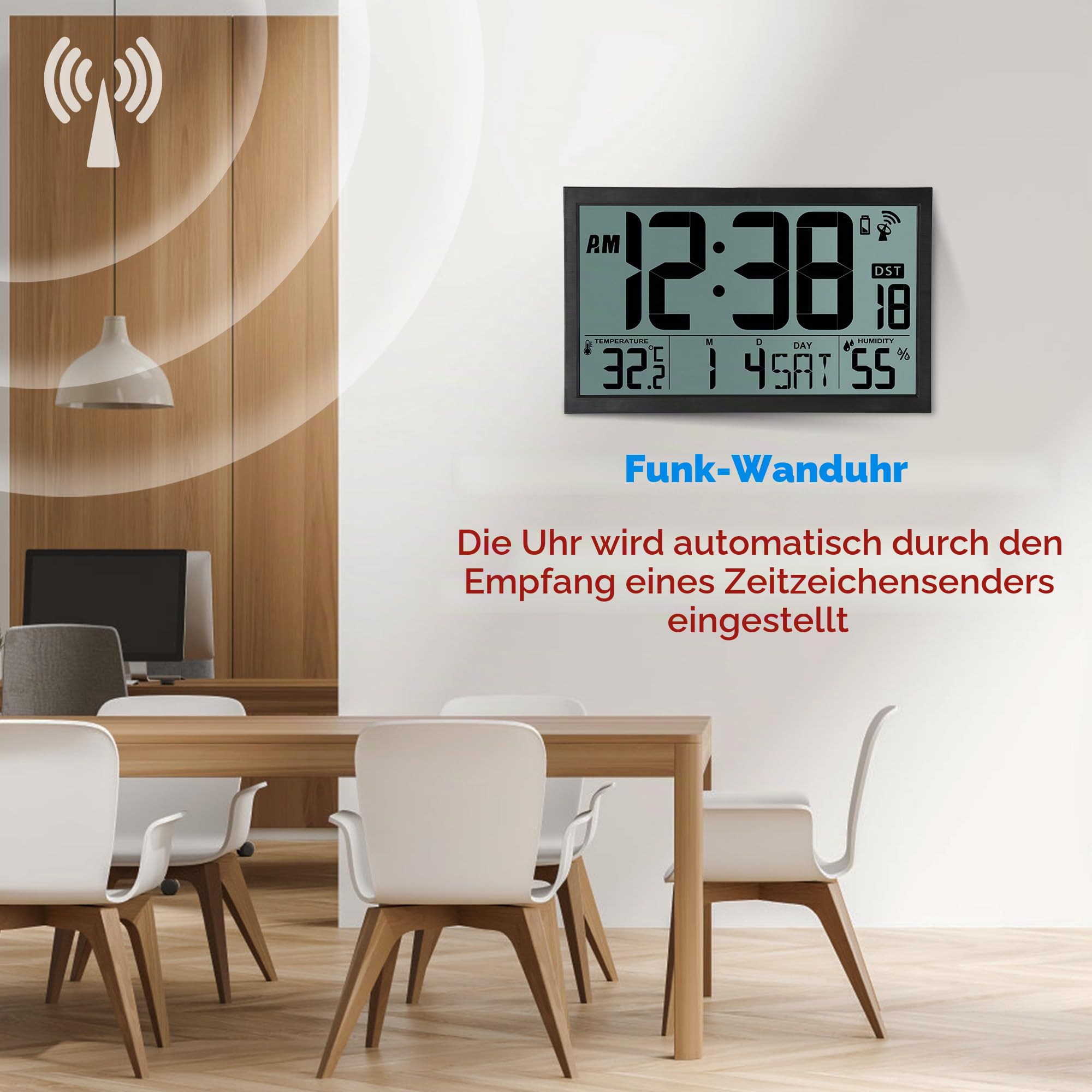 Sukeen Wanduhr Funk, Digitale Wanduhr Gross Funk, 16,7" Digitaluhr Batteriebetrieben, DCF-Funkuhr Tischuhr mit Temperatur, Luftfeuchtigkeit, Datum, Tag, DST für Zuhause, Küche, Büro, Schule