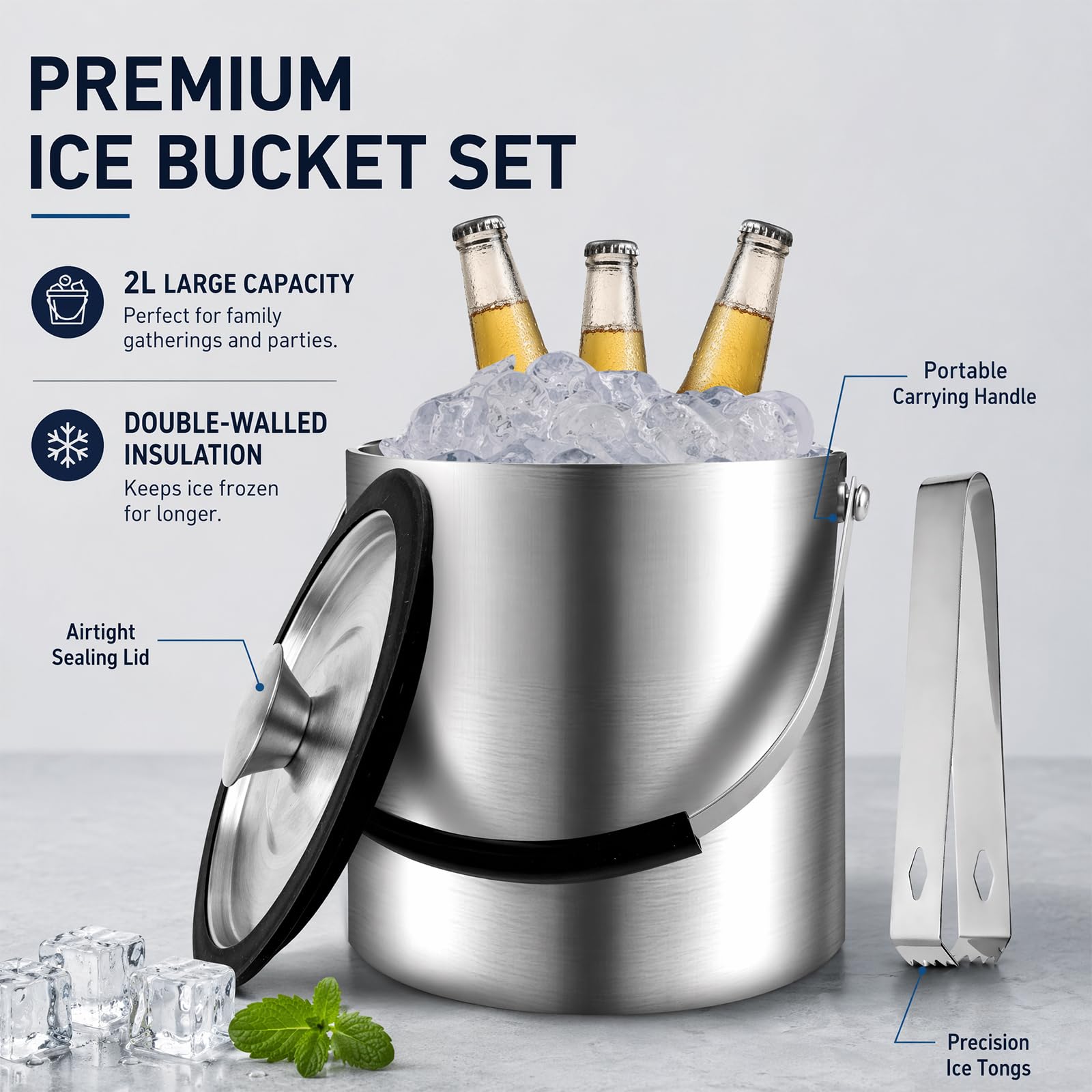 2L Eiswürfelbehälter, Edelstahl Eiskübel mit Deckel, Sieb und Eiszange, Doppelwandiger Isolierter Eiseimer zum Kühlen von Bier, Champagner, Wein, Getränken für Party, Bar, Zuhause
