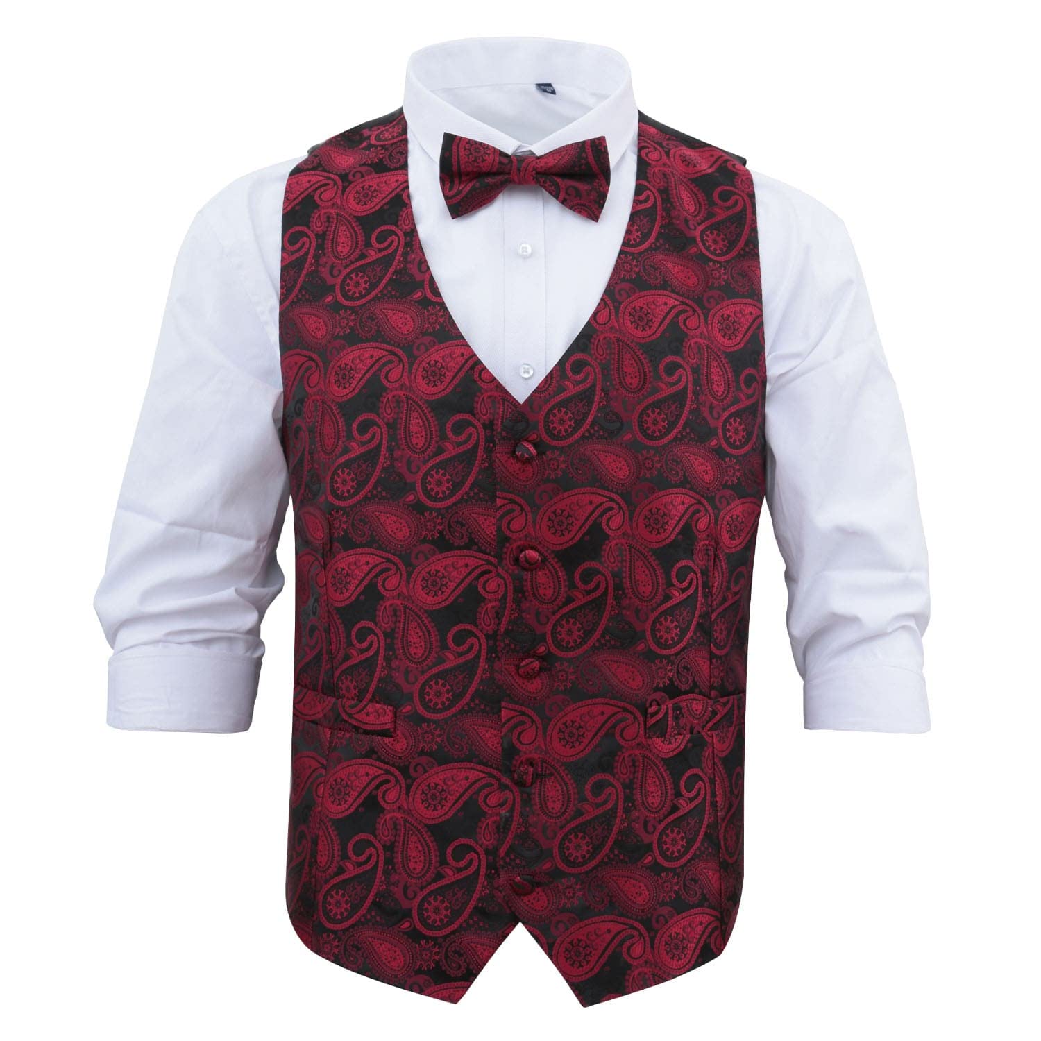 Dqt Men's Black & Red Paisley Bohemian Wedding Waistcoat & Bow Tie Set – Formal Suit Groom Best Man – – 3XL (46")