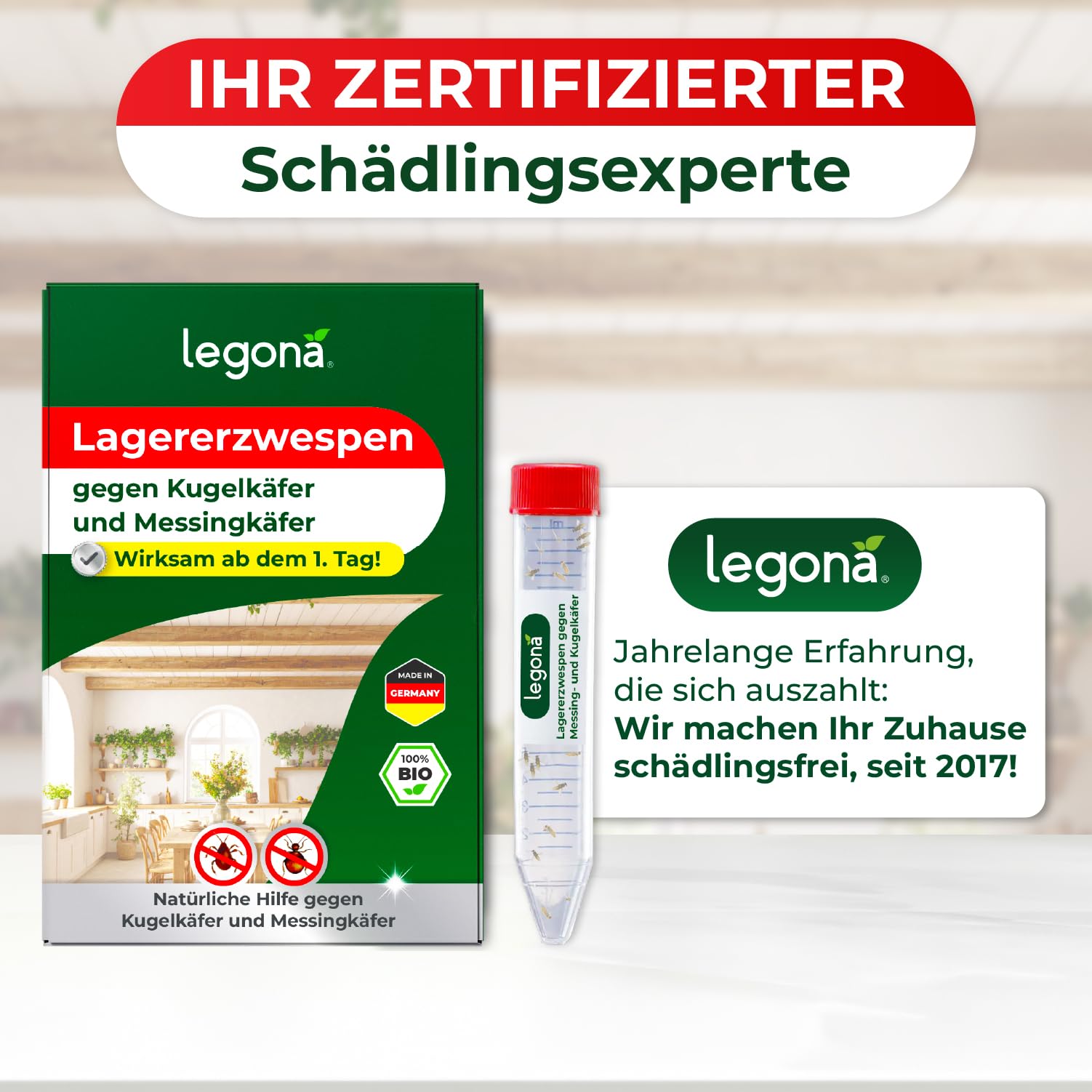 Legona Lagererzwespen gegen Kugelkäfer und Messingkäfer 1 Röhrchen (10m²) - Materialschutz für Wohnung, Vorrat und Lager