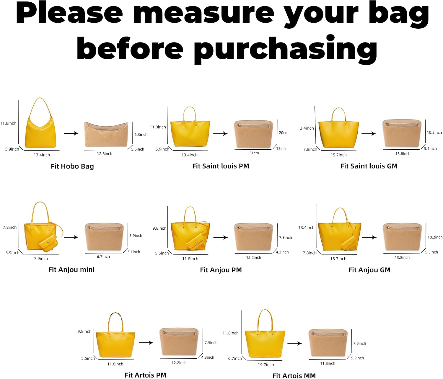 DGAZ Lightweight Purse Organizer Insert for GYARD-Anjou/Artois/SaintLouis Bags,silk and DupontPaper handbag inner for Luxury Bag(Chai,ArtoisMM)