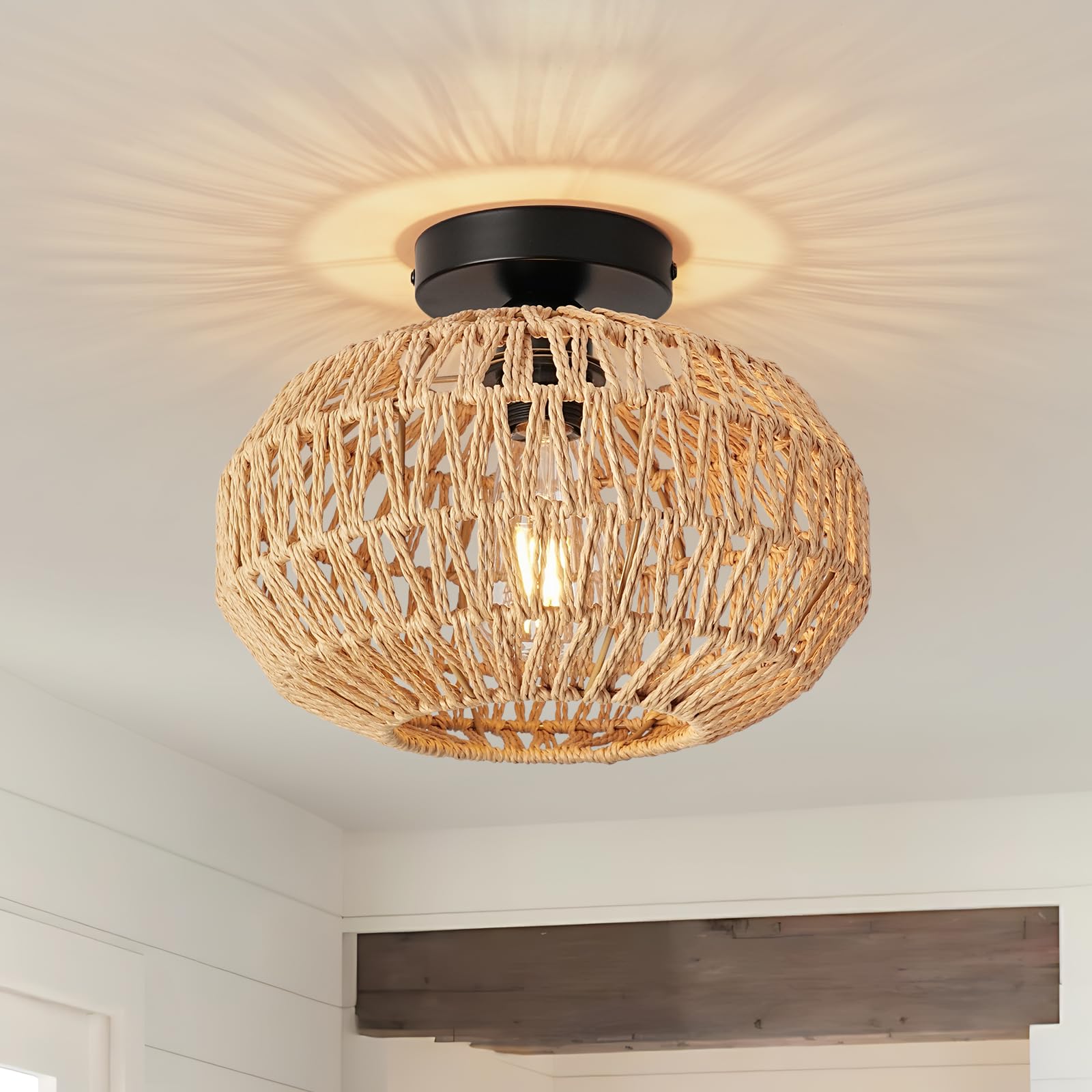 FORCOSO Rattan Ceiling Light, Boho Lamp Light Shade Rattan Lampshade, E27 Vintage Chandelier Light Fitting, Rustic Ceiling Lamp Fixtures for Living Room Bedroom Dining Room Kitchen Hallway