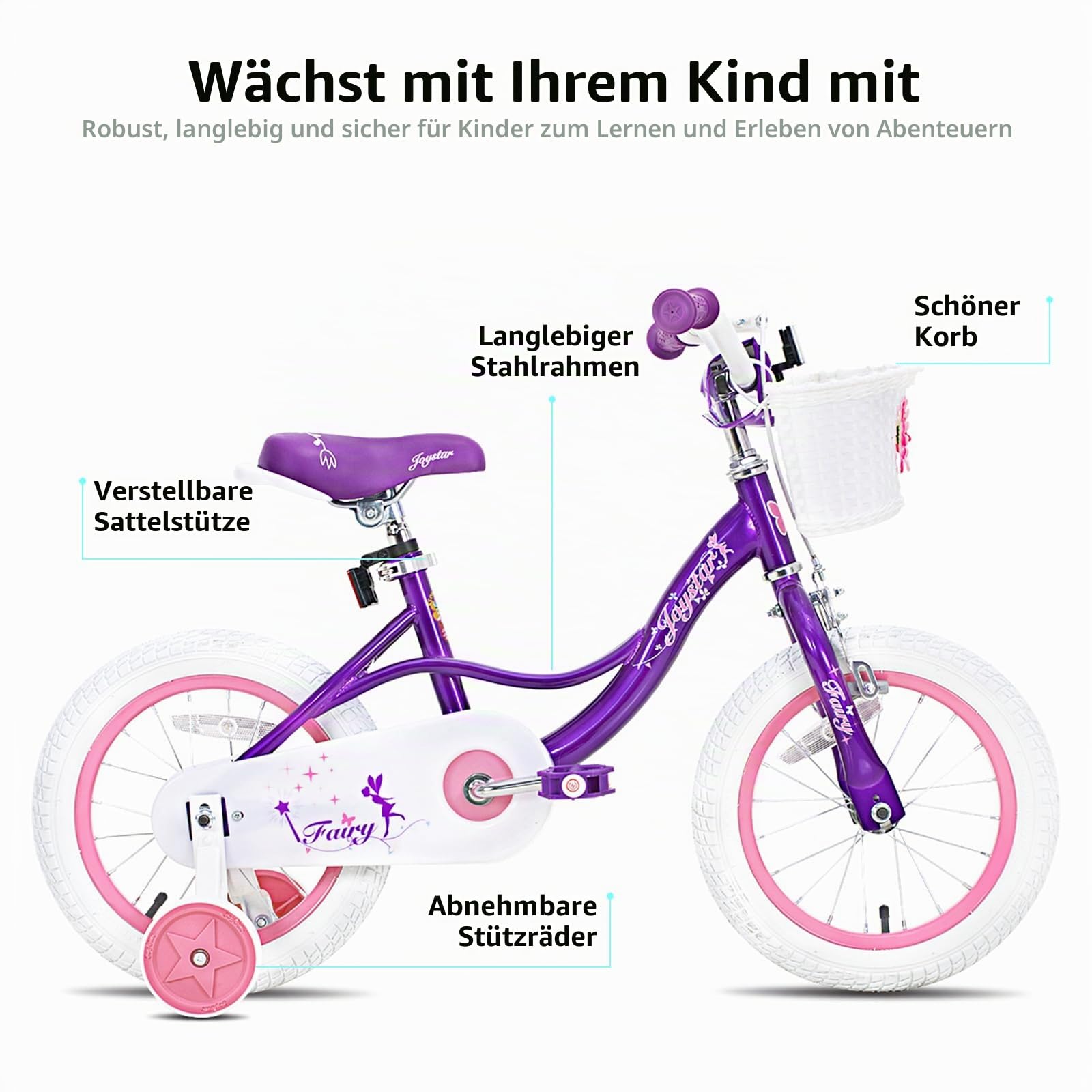 JOYSTAR Fairy 12/14/16/18 Zoll Kinderfahrrad für Mädchen im Alter von 2-9 Jahren,12/14/16/18 Zoll Kleinkinderfahrrad mit Stützrädern