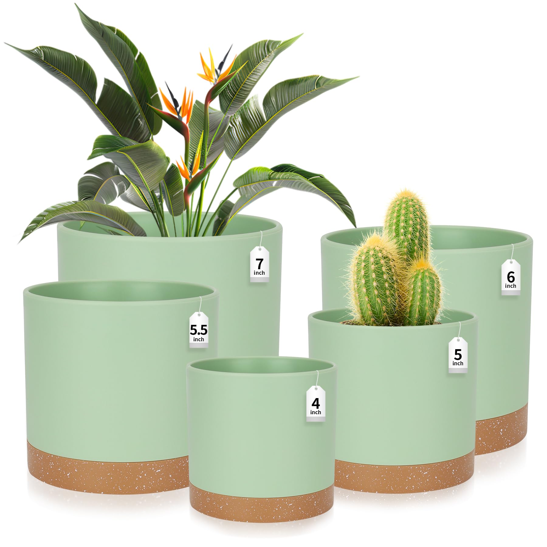 CSYY Plant Pots Indoor, Plastic Plant Pots, Flower Pots Outdoor Self Watering Indoor Plant Pot with Drainage Holes and Tray, Plastic Planter for Garden House Plants (Green, 7/6.5/6/5/4) — image 1