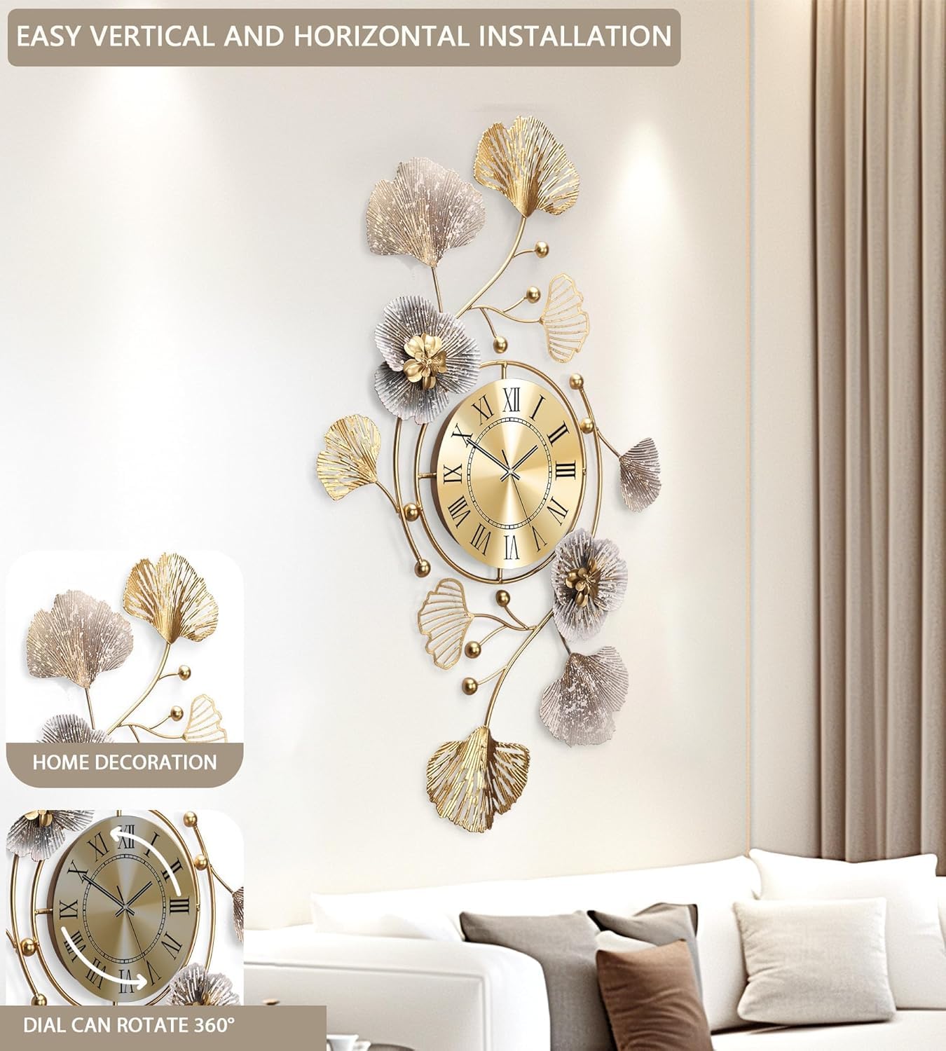 Orologi per Soggiorno,Grande Orologio da Parete,Orologio da Parete Silenzioso,Design di Foglie Ginkgo in Metallo Retrò,per Cucina,Da Letto,Orologi da Parete Decorativa (Caffè Retrò-Roma, 150cm)